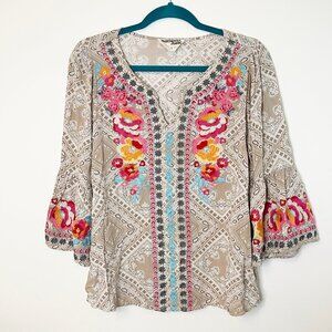 Savanna Jane Multicolor V-Neck Long Bell Sleeve Embroidered Flowers - Size L